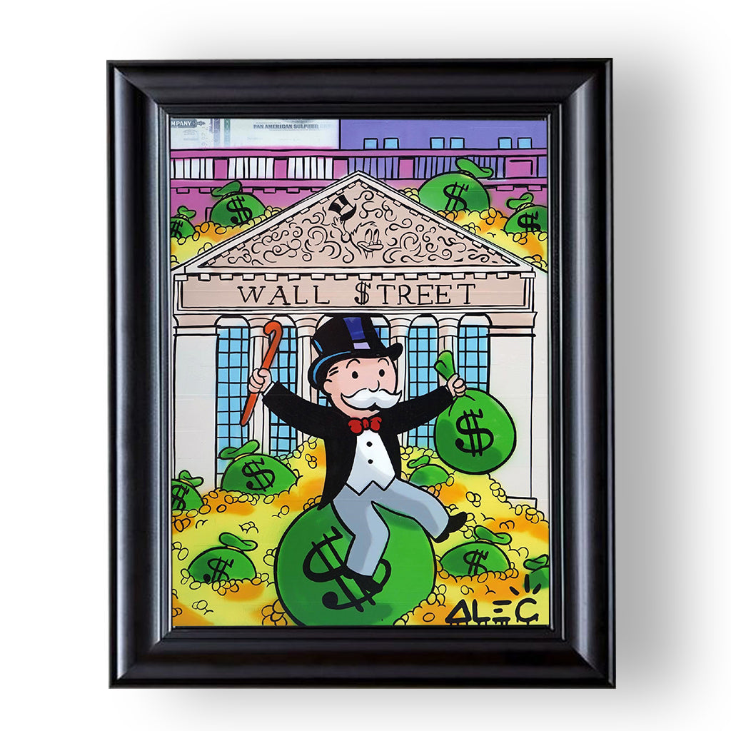 monopoly sitting on $ bag outside wall-street, premium tablo