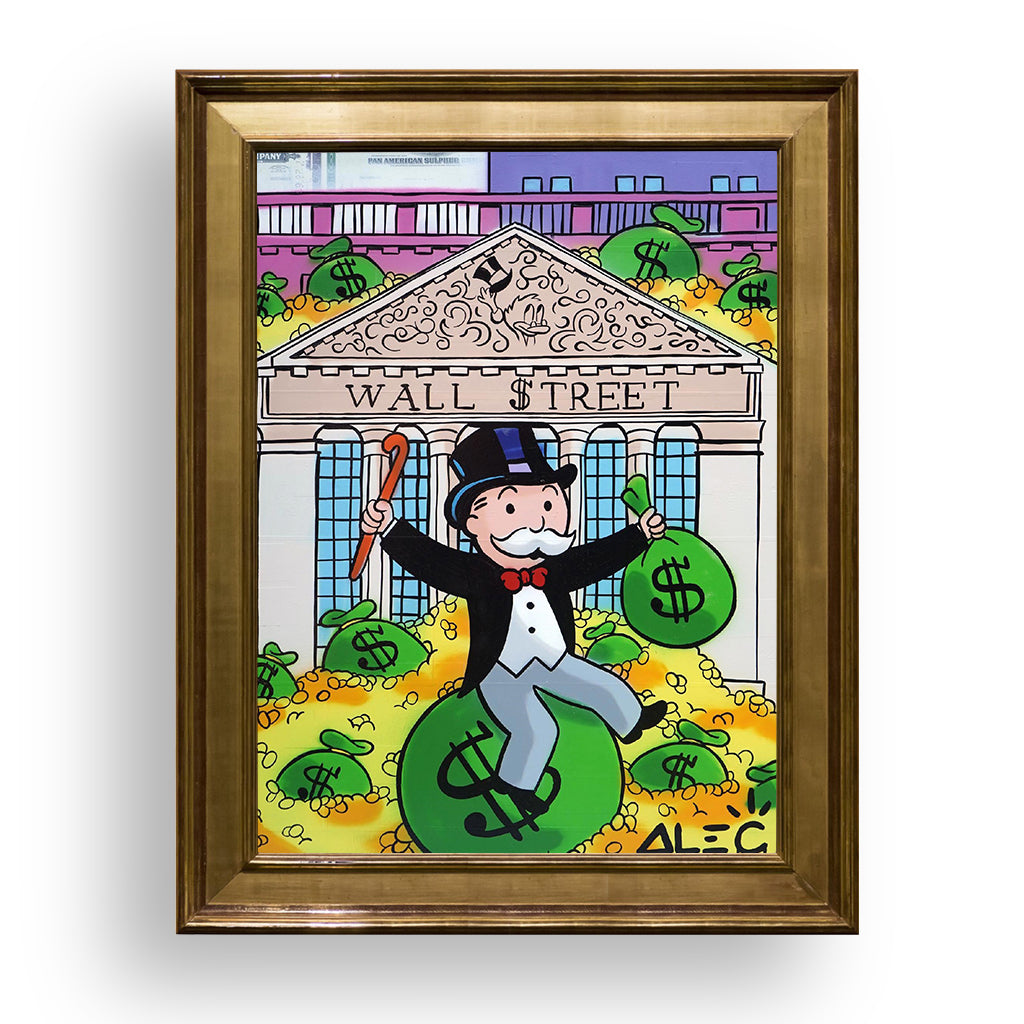 monopoly sitting on $ bag outside wall-street, premium tablo